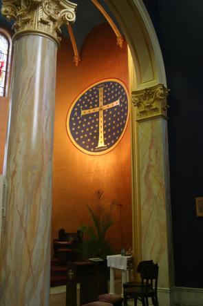 Faux marble columns and custom altar decoration