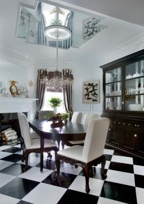 Wood floor painted in a checkerboard pattern