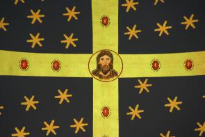 Detailed view of the hand painted and gold-leafed altar decoration which was based on an ancient Italian mosaic.